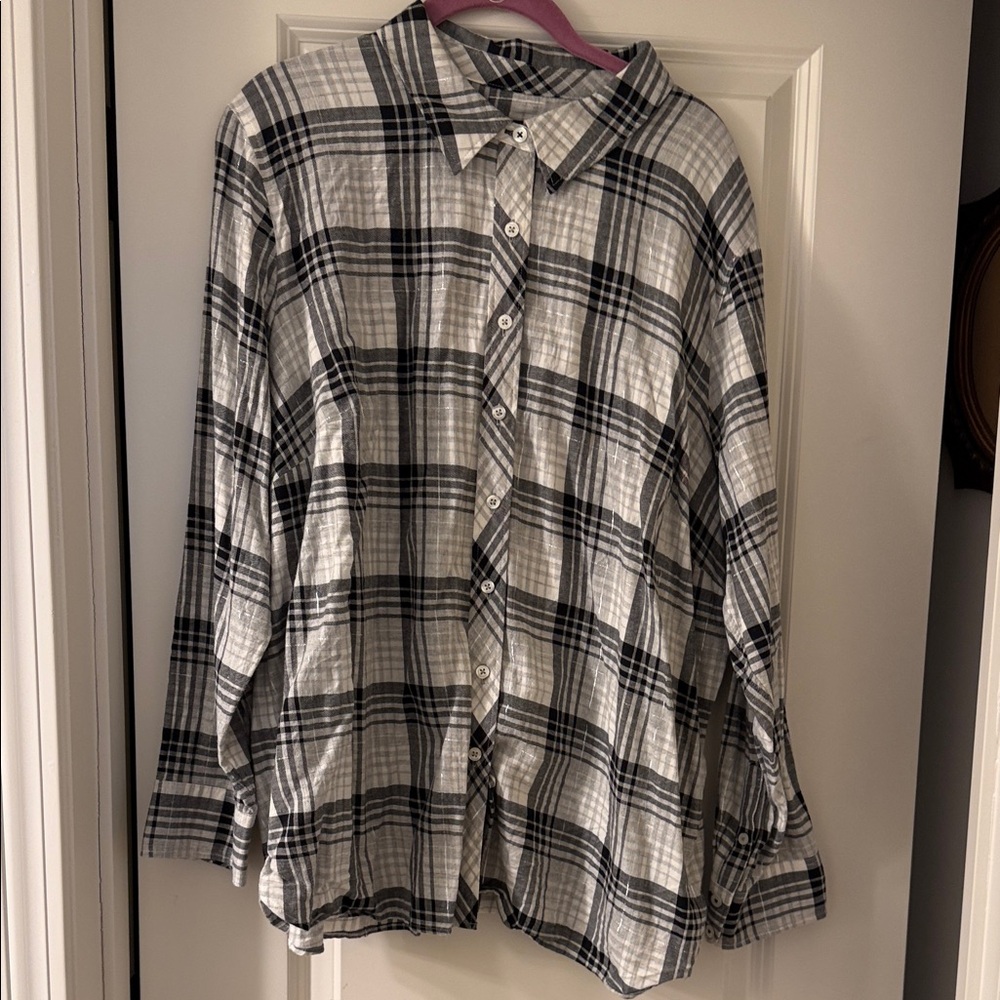 Talbots Black and White Plaid Sparkle Button-Down Shirt